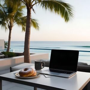 Remote work setup with laptop and coffee on a beachfront terrace in Maluk, Sumbawa