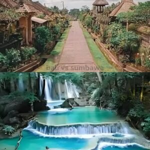 Traditional Balinese village vs Sumbawa waterfall landscape — Bali vs Sumbawa travel comparison.