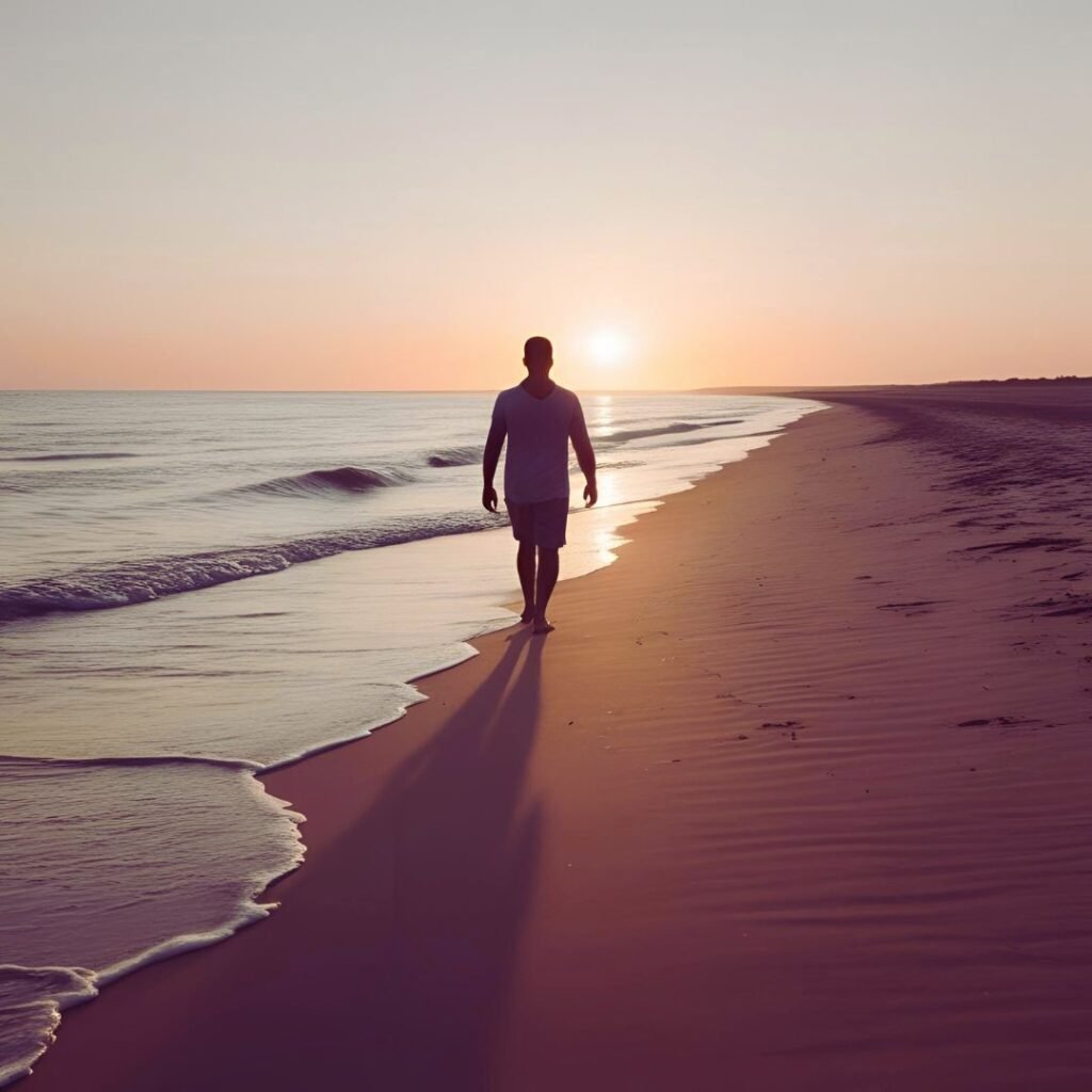 Man walking alone on a serene beach at sunset in West Sumbawa.Pharadis Beach Hotel in West Sumbawa