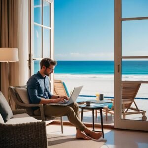 A man working on a laptop inside a beach-side hotel, sitting near open glass doors with a panoramic view of Sumbawa’s turquoise ocean and white-sand shoreline.