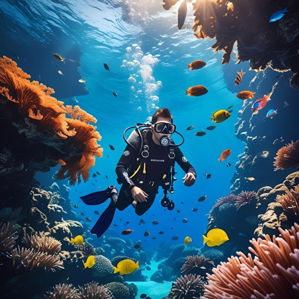 Scuba diver exploring colorful coral reefs and tropical fish near Maluk, Sumbawa.