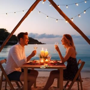 Couple enjoying a romantic candlelit dinner on Maluk Beach at sunset