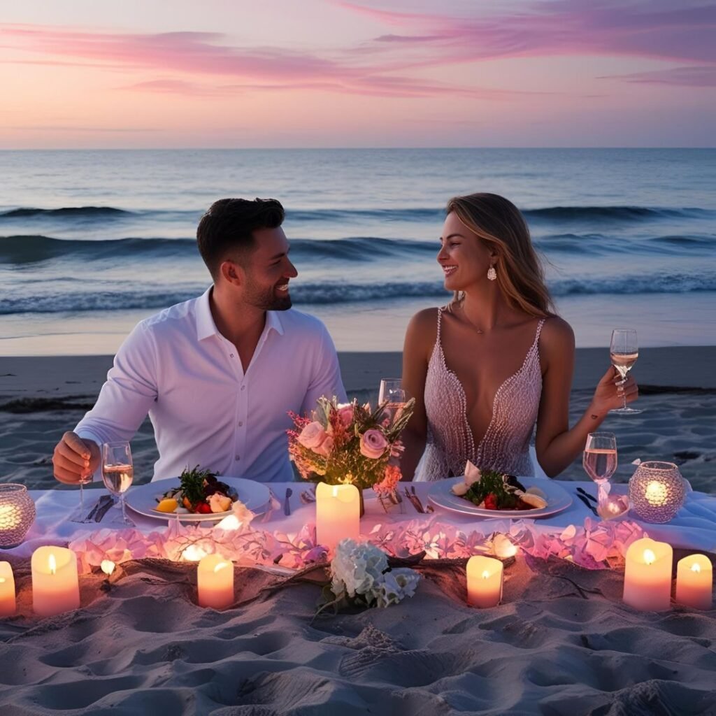 honeymoon in maluk sumbawa, a couple enjoy their romantic dinner by the beach at pharadis hotel