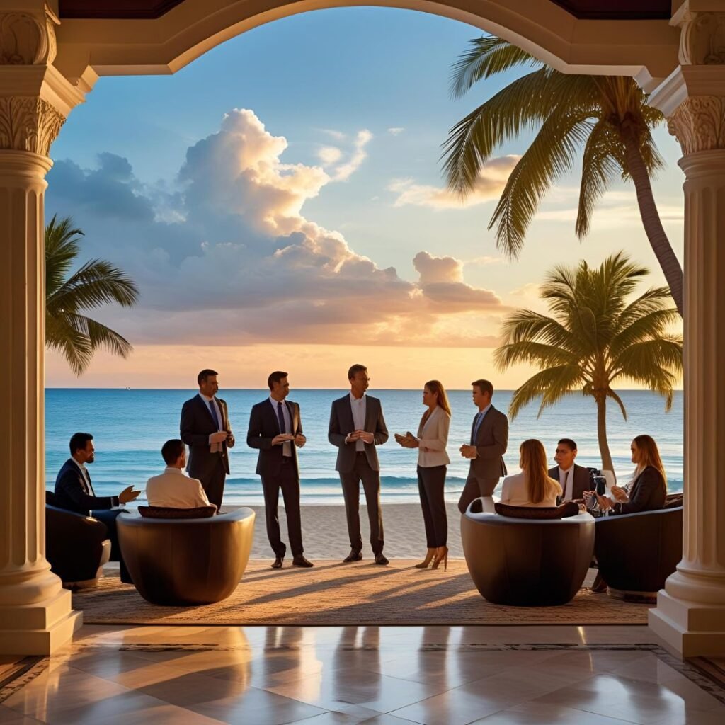 Executives networking by the ocean during a beachside business retreat at Pharadis Hotel.