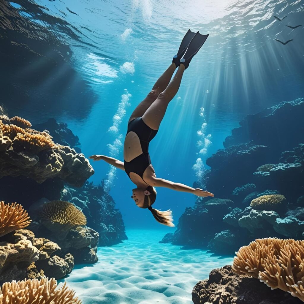 Seorang freediver wanita menyelam bebas di laut Sumbawa di antara terumbu karang tropis yang indah.